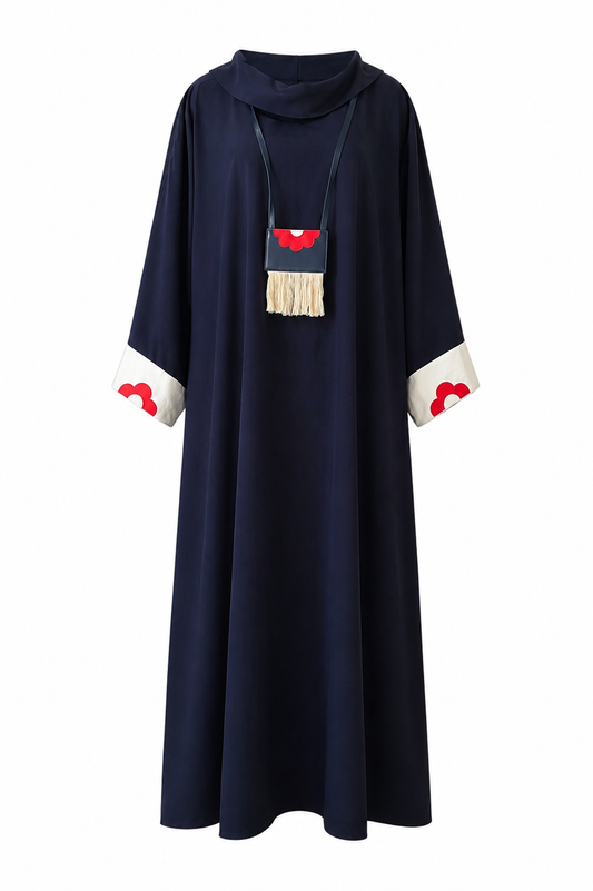 Dark blue kaftan adorned with red roses & necklace